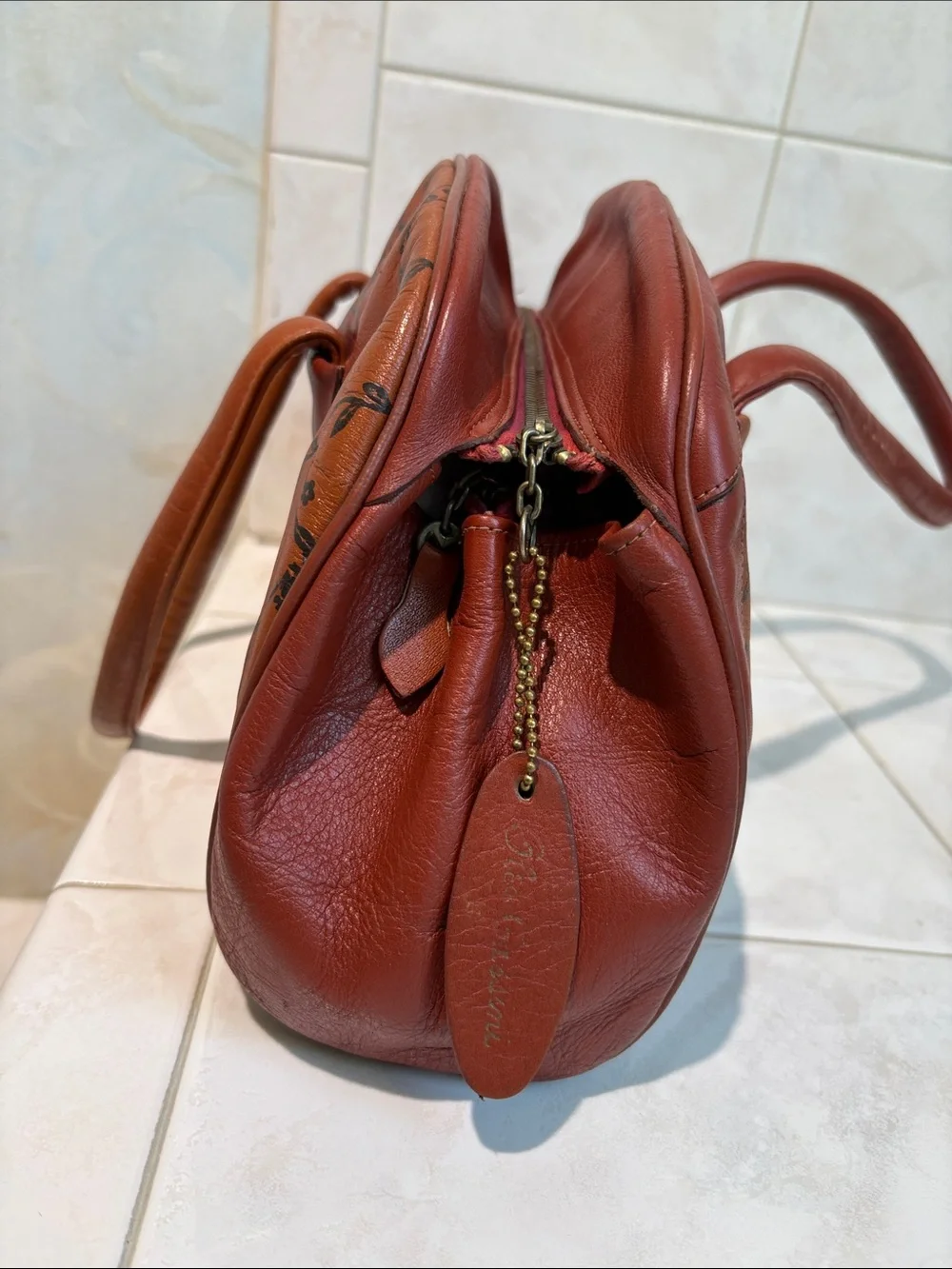 Oleg Cassini Vintage Logo Brown Two Tone Leather Satchel Handbag